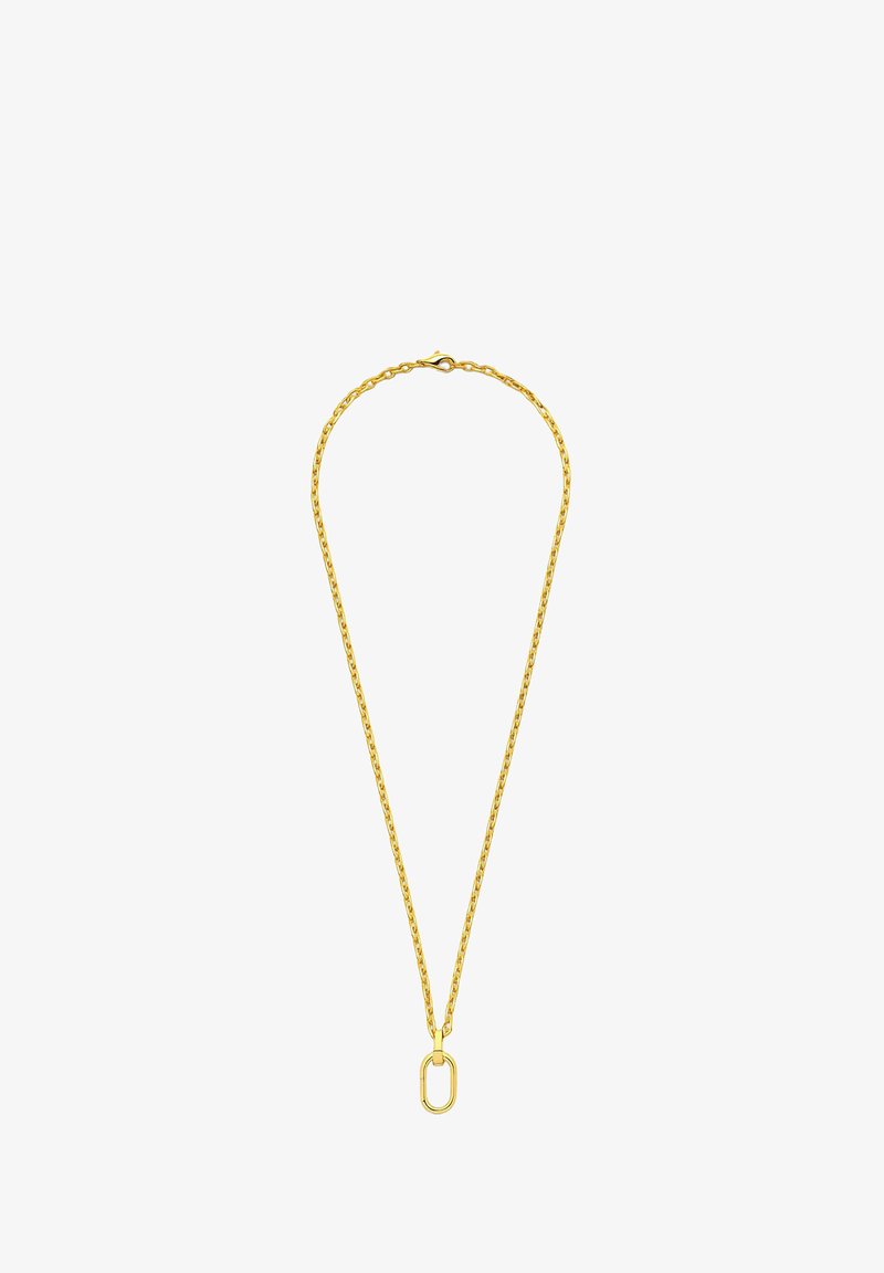 Collana in oro con pendente ovale e chiusura a moschettone su sfondo bianco.