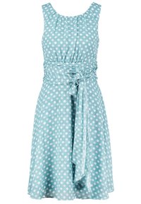 Helles blaues Kleid mit weißen Punkten, rundem Ausschnitt und tailliertem Bund sowie einem schwingenden Rock. Aus leichtem Stoff gefertigt.