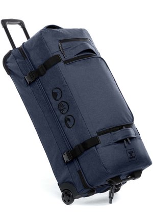 Borse da viaggio a duffle di un blu scuro, con esterno in tessuto, più cerniere, spallacci regolabili e ruote robuste per un facile trasporto.