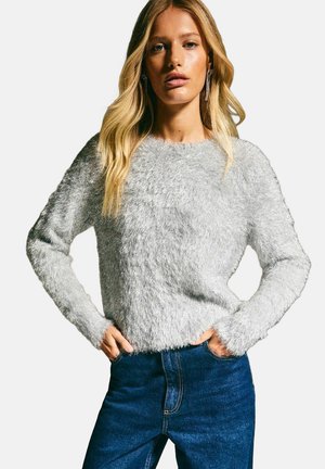 Un pull en peluche gris clair avec des manches longues, un col rond et une finition texturée, associé à un jean bleu marine.