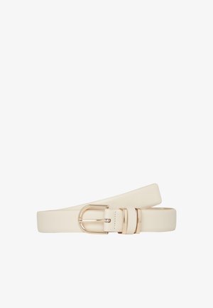 Biały skórzany pasek z błyszczącą złotą klamrą. Charakteryzuje się gładką teksturą i minimalistycznym designem. Zawiera dwie regulowane pętle na pasek.