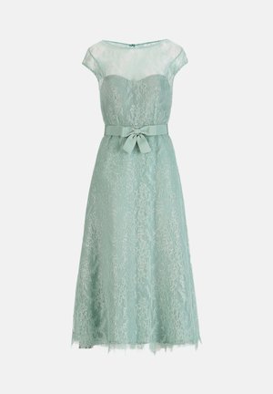 Light blue lace midi dress with sheer cap sleeves, fitted waist, and matching bow belt.