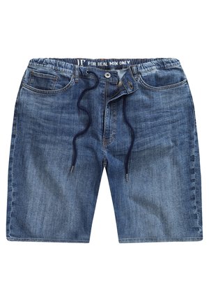 Shorts in denim blu scuro con vita regolabile, cinque tasche e una texture leggermente usurata sul tessuto.