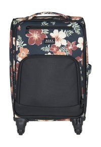 Valise noire à roulettes avec un motif floral en nuances de crème et de rouille, dotée d'une poche avant zippée et d'un logo Roxy. Texture lisse.