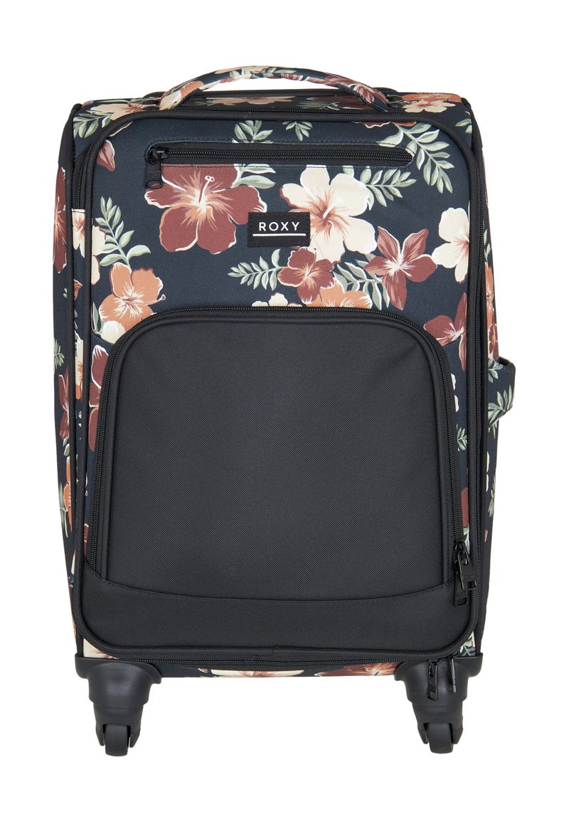 Valise noire à roulettes avec un motif floral en nuances de crème et de rouille, dotée d'une poche avant zippée et d'un logo Roxy. Texture lisse.