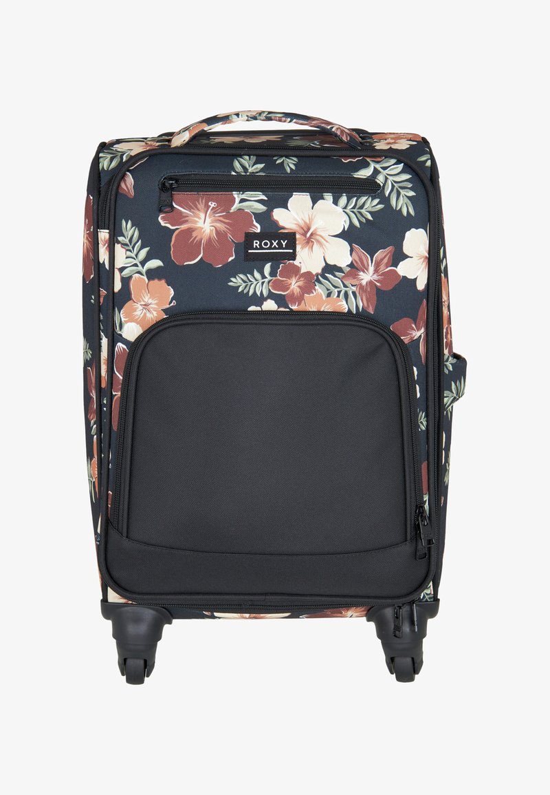 Valise noire à roulettes avec un motif floral en nuances de crème et de rouille, dotée d'une poche avant zippée et d'un logo Roxy. Texture lisse.