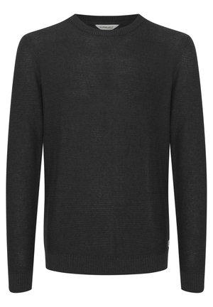 Sort striketrøje med rund halsudskæring, lange ærmer og ribbestrikket kant. Stoffet har en subtil struktur og et let udseende.