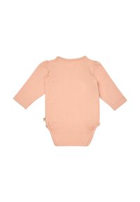 Soft peach long-sleeve baby bodysuit with crew neck, subtle gathers at shoulders, and scalloped trim on sleeve cuffs, shown from the back.