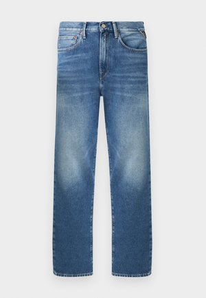 Modré rovné rifle z denimu s predným zapínaním na gombík a zipsom, predné vrecká a jemné vyblednutie na oblasti stehien.