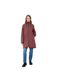 Water-resistant maroon coat with a hood, front zipper, and two side pockets. Features black accents and a relaxed fit.