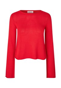 Haut rouge à manches longues avec un col rond, une texture côtelée et une coupe décontractée. Présente des fentes latérales à l'ourlet pour faciliter les mouvements.