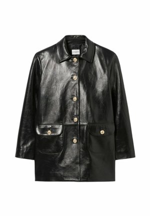 Giacca in pelle nera con colletto, bottoni dorati e due tasche frontali. Tessuto liscio con un taglio dritto classico.