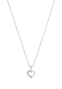 Collana con pendente a forma di cuore in argento, arricchita da pietre viola lungo un lato, sospesa da una delicata catena. Il pendente presenta una finitura lucida.