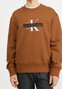 Sudadera marrón de algodón con puños y dobladillo de canalé. Presenta un destacado logo blanco y una franja horizontal negra con texto.