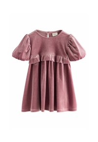 Vestito in velluto corduroy rosa con maniche a palloncino, scollatura rotonda e vita arricciata. Chiusura sul retro con bottoni e tessuto morbido e testurizzato.