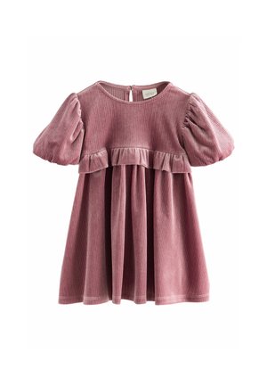 Rosa Cord-Röcke mit Puffärmeln, rundem Ausschnitt und gerafftem Taillenbereich. Knopfverschluss auf der Rückseite und weicher, strukturierter Stoff.
