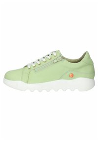 Light green leather sneaker with white rubber sole, contrasting zipper detail, and rounded toe. Features a small orange logo accent.