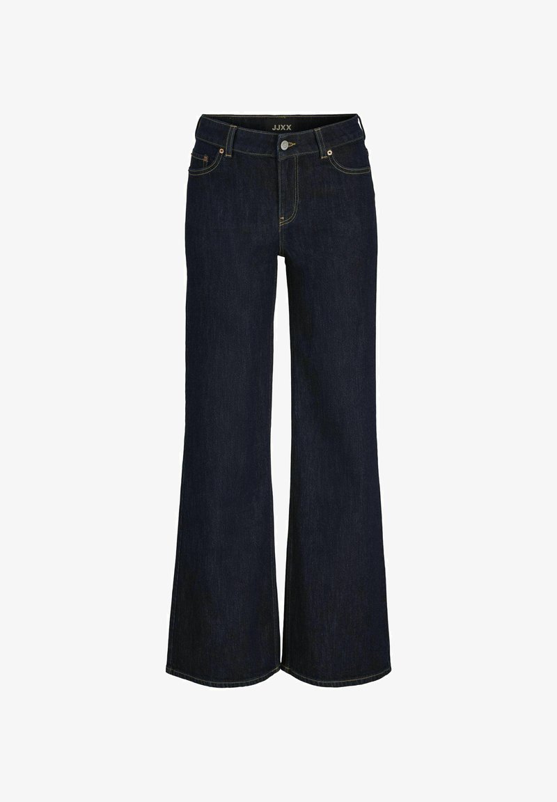 Tummansiniset farkut, joissa on leveä lahkeiden muotoilu. Niissä on edessä nappisulku, viisi taskua ja kontrastiväriset keltaiset ompeleet.