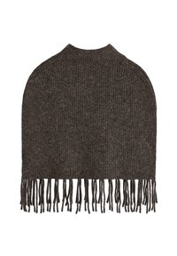 Ribbet mørkebrun poncho med høj hals og frynset kant, lavet af tekstureret stof, designet til varme og komfort.