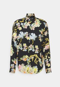 Camicia nera a fiori con bottoni, caratterizzata da fiori multicolori, foglie e dettagli dorati. Maniche lunghe con orlo curvo e polsini dettagliati.
