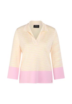 Long-sleeve pullover with soft yellow and pink horizontal stripes, featuring a wide pink hem and cuff, and an open collar neckline.
