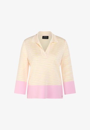 Long-sleeve pullover with soft yellow and pink horizontal stripes, featuring a wide pink hem and cuff, and an open collar neckline.