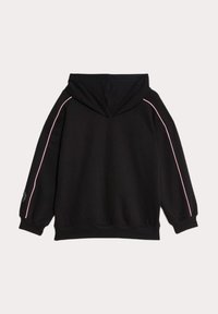 Felpa nera con tessuto strutturato, caratterizzata da un bordo rosa lungo le cuciture delle spalle e una tasca a marsupio sul davanti.