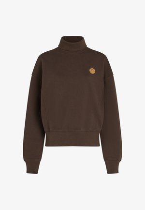 Brown, high-neck sweatshirt with a textured finish. Features dropped shoulders and a small, tan circular logo on the chest. Ribbed cuffs and hem.