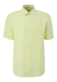 Chemise à manches courtes, jaune clair, en lin, avec un col boutonné, une poche poitrine et un ourlet droit. Boutons blancs.