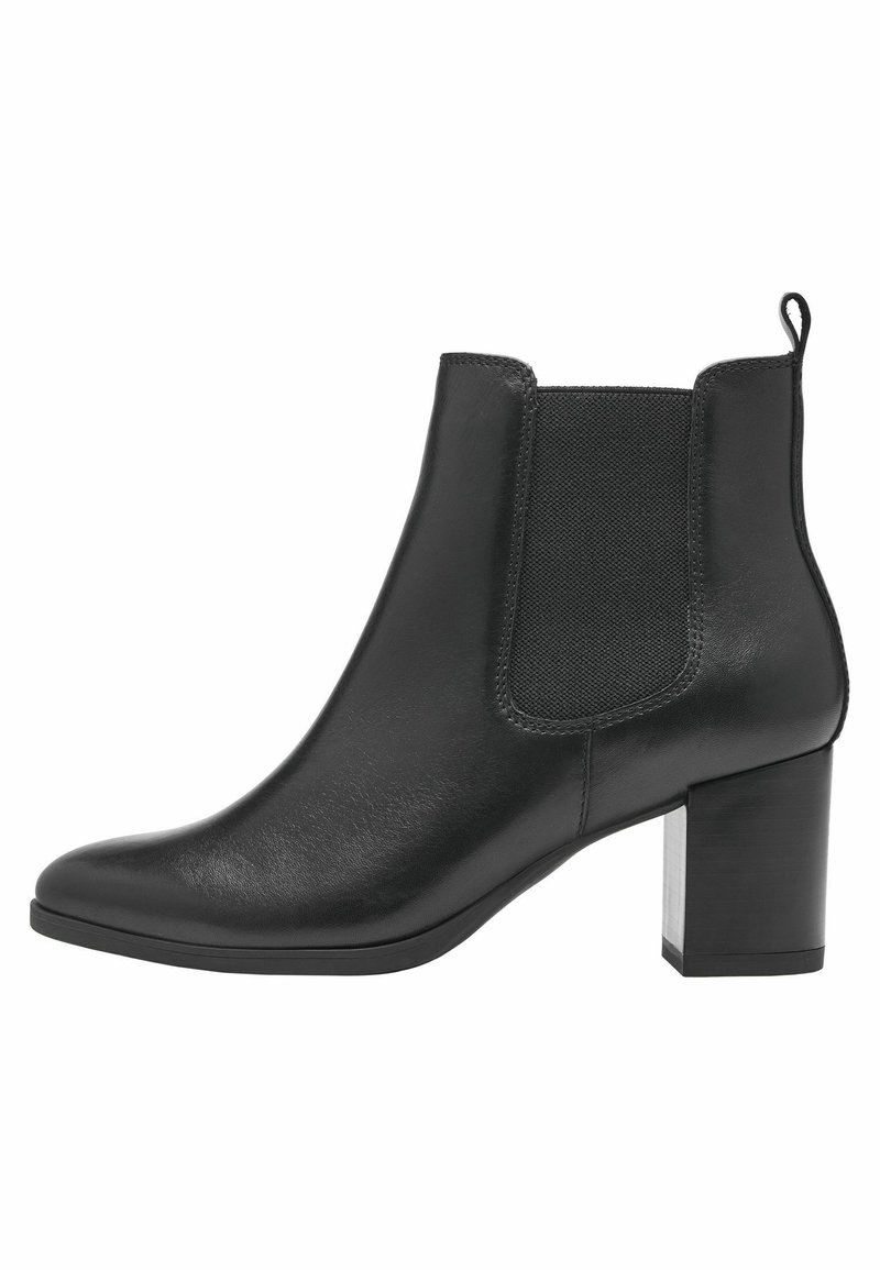 Black leather ankle boot with a round toe, elastic side panels, and a textured block heel. Features a pull tab at the back for easy wear.