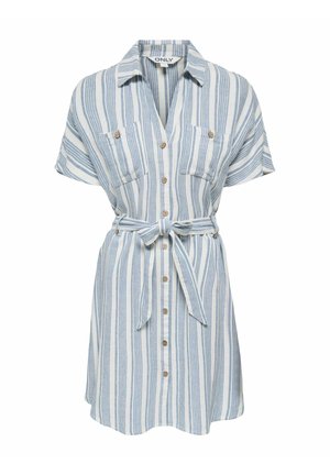 Haljina kratkih rukava s kopčanjem, s okomitim plavo-bijelim prugama, džepovima na prsima, ovratnikom i pojasom vezanim u struku.