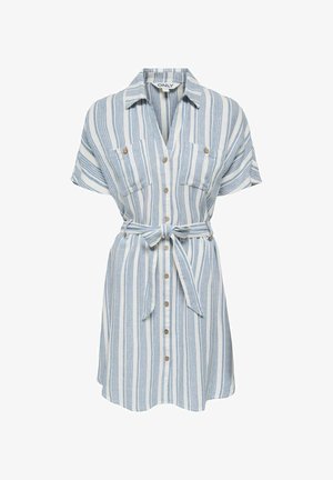 Haljina kratkih rukava s kopčanjem, s okomitim plavo-bijelim prugama, džepovima na prsima, ovratnikom i pojasom vezanim u struku.