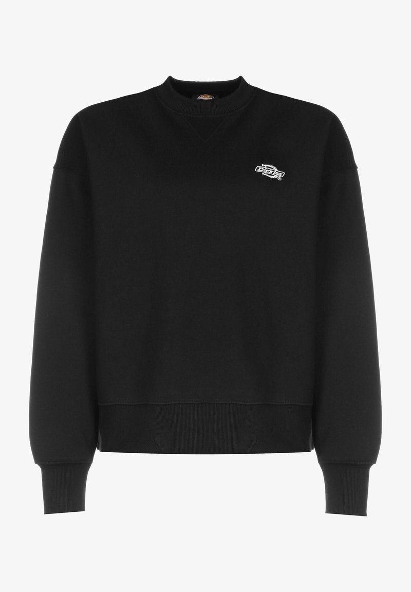 Sweat-shirt noir à col rond avec manches longues et petit logo blanc Dickies en haut à gauche de la poitrine.