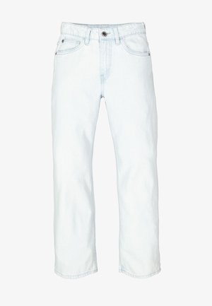 Lichtblauwe spijkerbroek met een ontspannen pasvorm, voorzien van een ritssluiting, knoopsluiting, riemlussen en twee voorzakken met subtiele stiknaden.