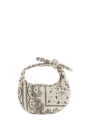 Mała torba na ramię z tkaniny w beżowym kolorze z misternym ciemnym wzorem paisley i kwiatowym, z detalem w postaci supła na uchwycie.