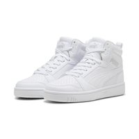 Hvite høye sneakers laget av lær og syntetiske materialer, med perforerte detaljer, teksturerte aksenter og preget logo.