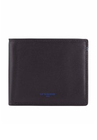 Portafoglio in pelle nera con una texture liscia, caratterizzato da marchiatura e dettagli di cucitura blu. Forma rettangolare compatta con un design semplice.