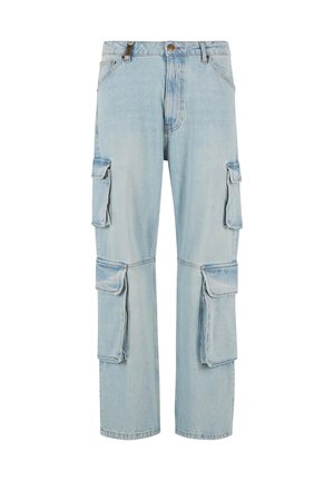 Lys blå denim cargo bukser med flere sidelommer, rett ben-design og en falmet finish. Har en frontlås med knapp og glidelås.