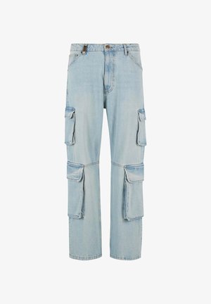 Heledad sinine teksakangas cargo pants, millel on mitu külge taskut, sirge sääre disain ja kulunud viimistlus. Omab ees nuppu ja tõmblukku.