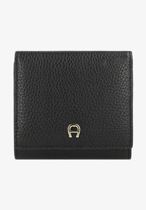 Zwart leren portemonnee met een gestructureerde textuur, vouwontwerp en gouden logo-accent aan de voorkant. Compact en praktisch.