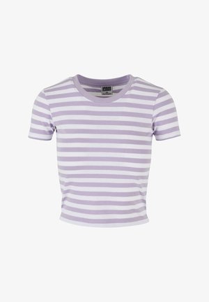T-shirt a maniche corte a righe lavanda e bianche, realizzato in un tessuto morbido ed elastico; presenta un collo rotondo e una forma aderente.