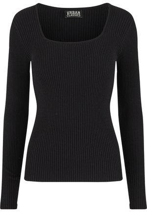 Černý dlouhý rukáv s hranatým výstřihem, žebrovanou texturou a přiléhavým střihem. Štítek nese nápis "URBAN CLASSICS." Bez viditelných vzorů nebo kovových prvků.