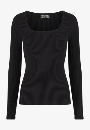 Svart långärmad topp med fyrkantig urringning, ribbad textur och figurnära passform. Märket lyder "URBAN CLASSICS." Inga synliga mönster eller detaljer i metall.