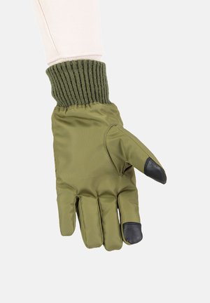 Olive green winter glove with black reinforced fingertips and a thick ribbed knit cuff worn on a raised hand.