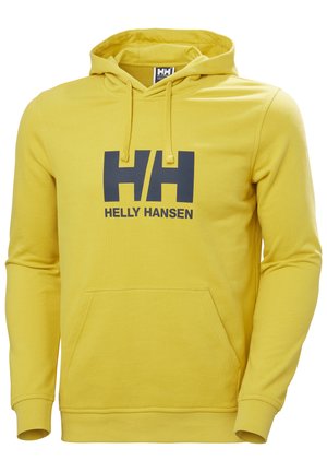 Sudadera de algodón amarilla con un bolsillo tipo canguro en el frente, capucha con cordón, y un gran logo en azul marino "HH" con el texto "HELLY HANSEN" debajo.