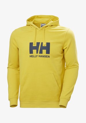 Sudadera de algodón amarilla con un bolsillo tipo canguro en el frente, capucha con cordón, y un gran logo en azul marino "HH" con el texto "HELLY HANSEN" debajo.