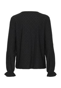 Blouse noire à manches longues en tissu dentelle ajourée, poignets élastiques à volants et col rond vue de dos.