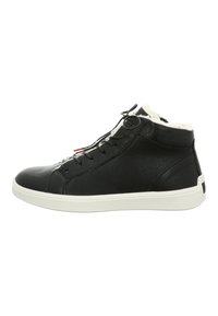 Schwarze Leder-High-Top-Sneaker mit strukturiertem Obermaterial, weißer Gummisohle und Kunstfellfutter. Verfügt über Schnürsenkel und ein rotes Akzentdetail.