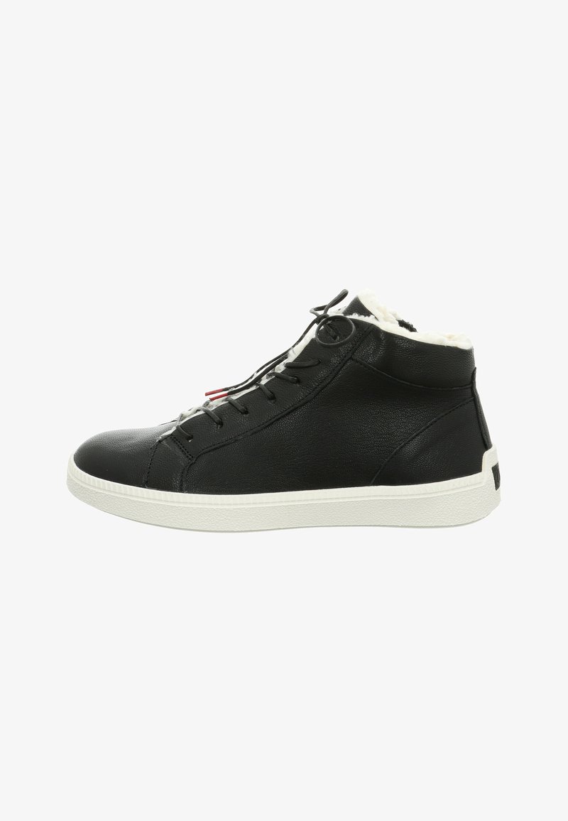 Schwarze Leder-High-Top-Sneaker mit strukturiertem Obermaterial, weißer Gummisohle und Kunstfellfutter. Verfügt über Schnürsenkel und ein rotes Akzentdetail.