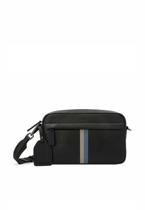 Black leather bag with a top zipper, featuring two vertical stripes in gray and blue. Includes an adjustable shoulder strap and a tag.